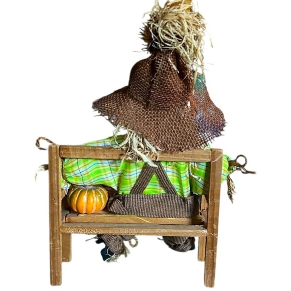 Fall Scarecrow Sitting on a Wooden Bench with a Pumpkin Autumn Scene Fall Decor - Picture 6 of 7